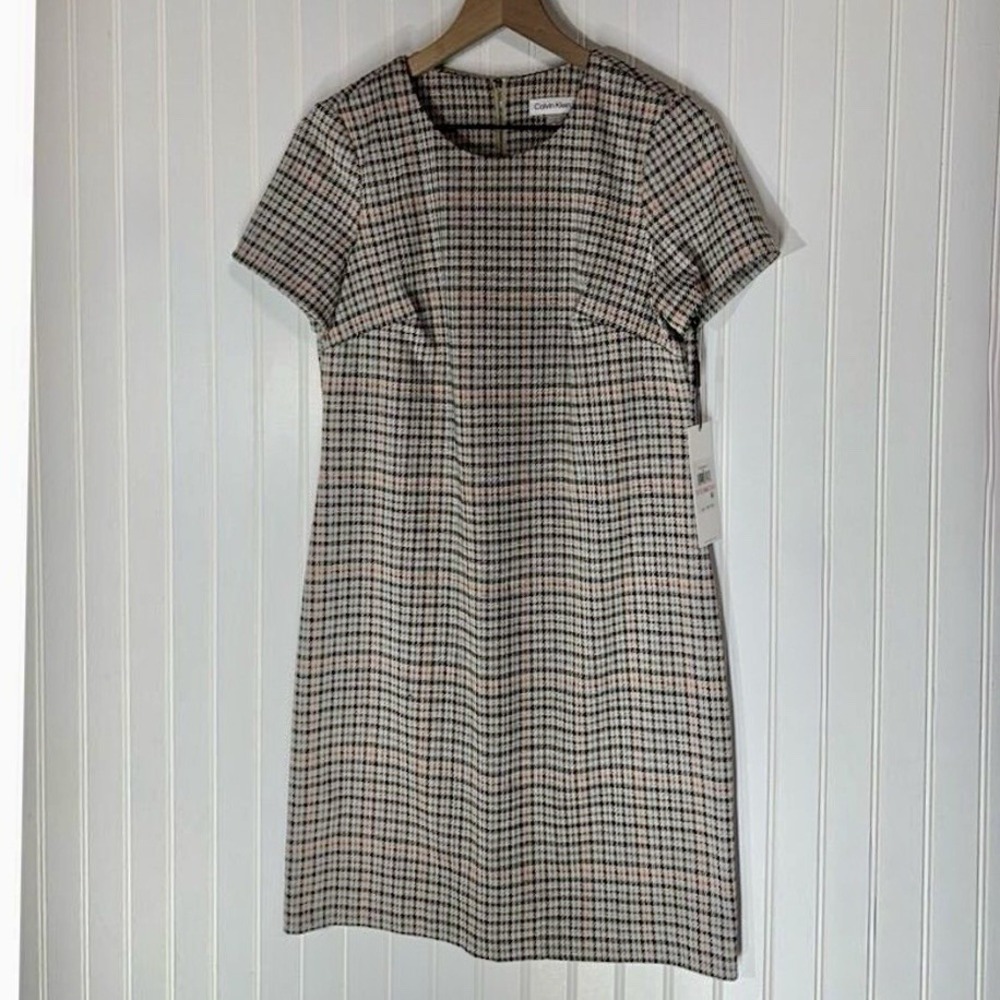 NWT Calvin Klein Houndstooth Sheath Dress Women's 10 Black White Plaid Career